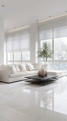 Fototapeta premium A white living room with a white couch and a black coffee table