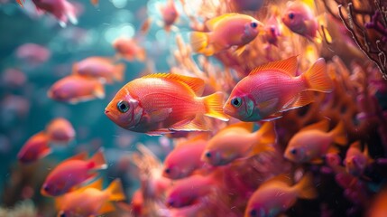 A large school of small, brightly pink fish swimming in unison.