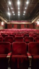 Empty Theater with Red Velvet Seats and Illuminated Stage Lights in a Classic Auditorium Setting