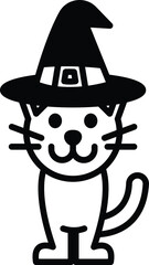 Cat wearing a witch's hat in line icon style