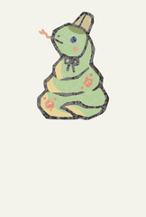 巳年　巳　蛇　へび年　年賀状　年賀2025　はがきテンプレート　土鈴　版画　水彩　かわいい　イラスト