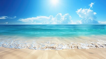 Bright tropical beach with turquoise water, white sandy shore, and a clear blue sky, perfect for a serene vacation.