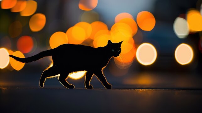 Silhouette of a black cat walking in front of blurred city lights at night, creating a mysterious and urban scene.