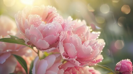 Obraz premium Beautiful pink peonies covered in dew drops, illuminated by soft sunlight, creating a dreamy and romantic atmosphere.