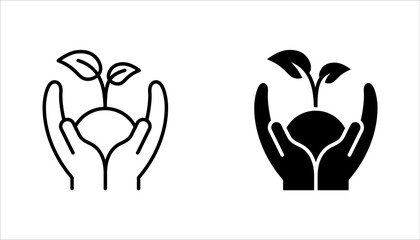 Eco friendly  icon set. hand plant. Linear ecology icons. Environmental sustainability simple symbol. vector illustration on white background.