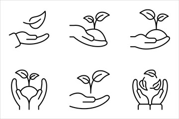 Eco friendly  icon set. hand plant. Linear ecology icons. Environmental sustainability simple symbol. vector illustration on white background.