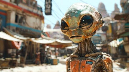 A detailed extraterrestrial character standing in a bustling sci-fi market, showcasing imaginative alien designs and futuristic setting.
