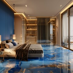 Luxurious Modern Bedroom with Blue Epoxy Resin Floor and Glass Walls in Contemporary Home