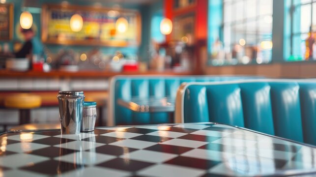 A retro diner featuring a checkered table, blue booths, and vibrant decor with a blurred background and warm lighting.