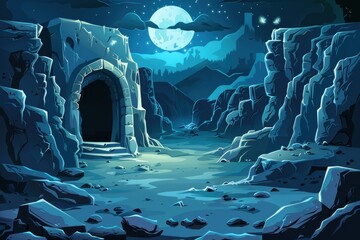 Fototapeta premium Mystical moonlight illuminates the entrance to a forgotten temple in a mystical mountain landscape