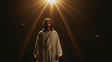 Generative AI, A serene figure bathed in divine light with rays emanating from above, symbolizing spiritual enlightenment, divine connection, and inner peace