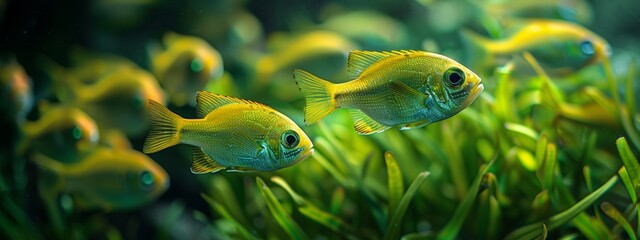 Fototapeta premium A large school of small, brightly green fish swimming in unison.