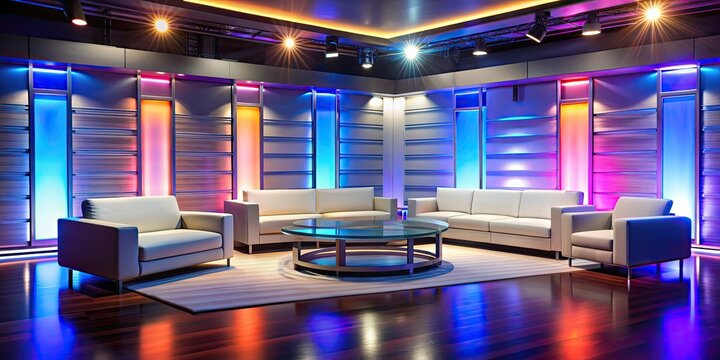 Modern talk show set with sleek furniture and colorful lighting, talk show, modern, scenery, set design, furniture