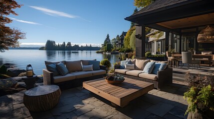 Obraz premium Beautiful outdoor patio with comfortable seating and fire pit overlooking the water in Washington state, USA. Blue sky, white fence and sofa set on an elegant deck of a home with blue pillows.