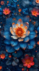 Vibrant Digital Art of Blue and Orange Flowers with Detailed Petals and Leaves on a Dark Background
