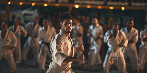 hispanic karate class in progress with a group of men in white uniforms practicing techniques.