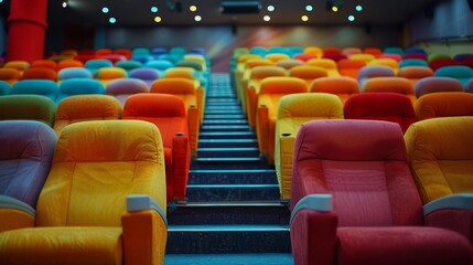 Fototapeta premium Colorful Empty Cinema Hall with Rows of Vibrant Seats and Ambient Lighting