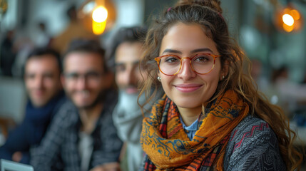 A woman with glasses and a scarf is smiling at the camera. Concept of warmth and friendliness, as the woman is enjoying her time with friends. The scarf adds a touch of color and style to her outfit