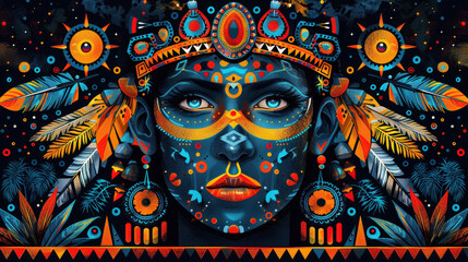 A woman with a colorful face and a feather headdress. The woman is wearing a necklace and earrings