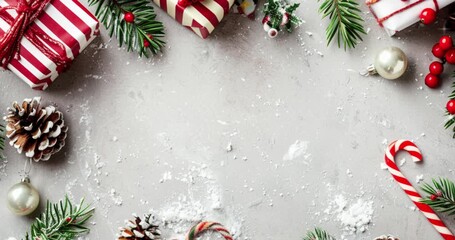 Christmas background with red and white wrapping paper, gifts, pine cones, holly berries, christmas decorations, on light grey stone table, flat lay, top view - Powered by Adobe