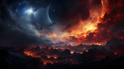 A fiery landscape with a rocky terrain, illuminated by the intense glow of a nearby planet. The sky is filled with swirling clouds and a faint glow from a distant star.