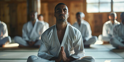 A group of hispanic karate practitioners meditating in a dojo.