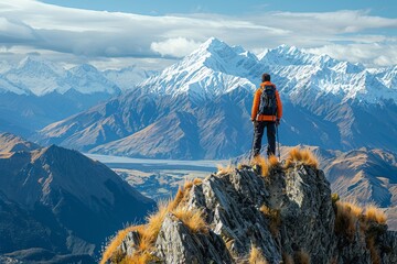 Hiker Standing on a Mountaintop With a View of Snow-Covered Peaks