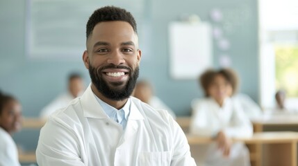 Obraz premium A man in a white lab coat is smiling and posing for a picture