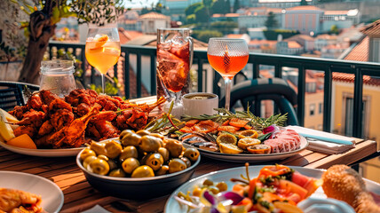 An outdoor restaurant patio in Lisbon with a view of the cityscape. The table is set with a variety of tapas, including Piri Piri chicken wings, and marinated olives, along with glasses of sangria 
