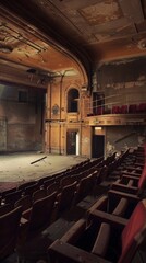 Naklejka premium Abandoned Vintage Theater with Decaying Seats and Ornate Architecture Capturing the Passage of Time