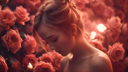Naklejka premium Generative AI, A graceful woman surrounded by blooming roses, symbolizing beauty, delicacy, and the essence of femininity