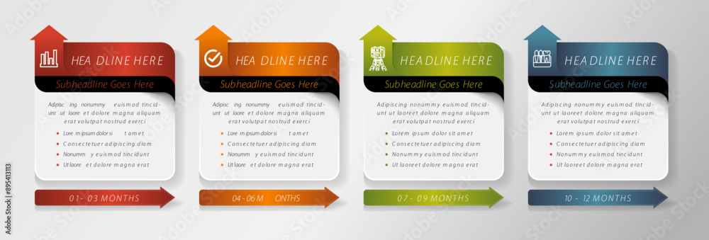 Poster presentation business infographic template with 4 options, up arrow for icon place. risk management 