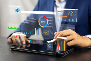 Analyst utilizing technology and dashboard with charts data science and Big Data technology for business, Strategic data management system with KPI organization performance with technology and metrics