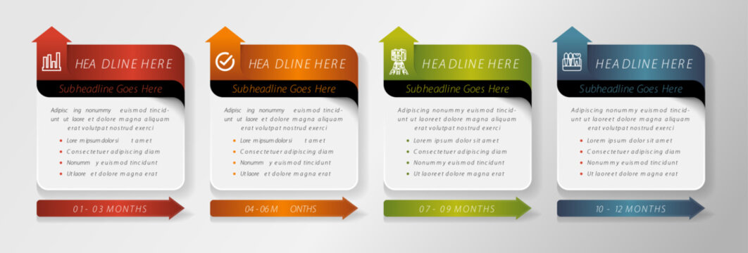 Presentation business infographic template with 4 options, up arrow for icon place. risk management infographic concept for slide presentation with rectangle arrow on bottom side with 4 point list