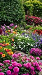 Obraz premium a close up of a garden with lots of flowers and trees
