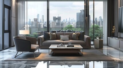 Fototapeta premium Stylish Modern Living Room with Grey Sofas, Armchair, and Coffee Table