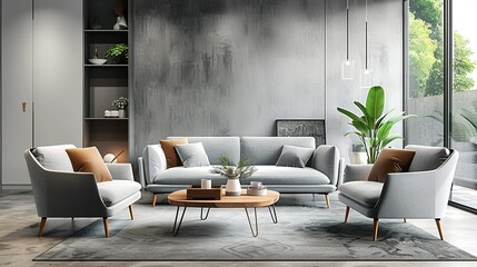 Stylish Modern Living Room with Grey Sofas, Armchair, and Coffee Table