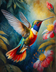 hummingbird flying wings in motion oil paint