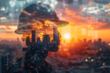 Double exposure of a downtown city and Industrial Worker 