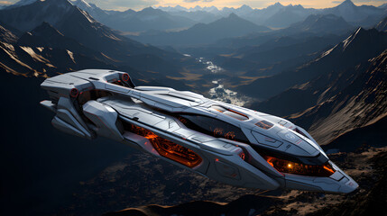 A futuristic spaceship flies above a mountain range. The spaceship is sleek and silver with orange accents. The mountains are jagged and dark, and the sky is a soft blue.