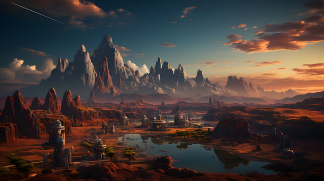 A futuristic city nestled in a valley of red rock mountains, with a lake reflecting the twilight sky. The city is built of steel and glass, and the buildings are shaped like towers.