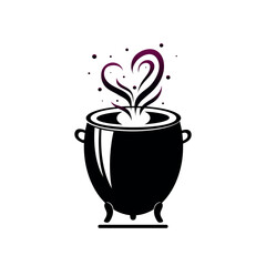 Witches cauldron with boiling magic potions isolated on a white background. Black cast-iron cooking pot, camping boiler, iron witches cauldron with handle. Halloween magic pot with love elixir