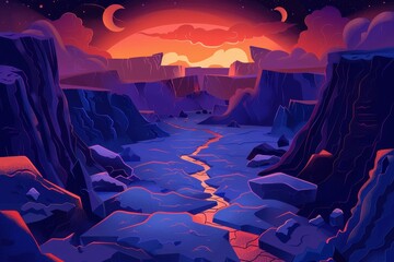 Fototapeta premium Vivid canyon landscape with glowing river under starry sky and crescent moons