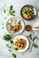 Vegetarian plates of food are placed on a bright and clean table. Top shot