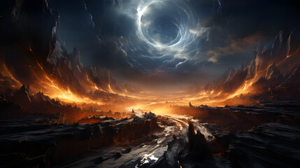 A swirling vortex of clouds and celestial energy pierces the sky over a fiery, rocky landscape. The ground glows with molten orange hues, creating a breathtaking and otherworldly scene.