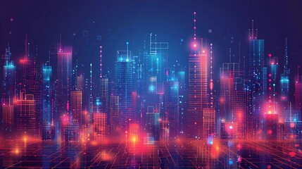 vactor illustration of urban architecture, cityscape with space and neon light effect. Modern hi-tech, science, futuristic technology concept. Very beautiful abstract digital high tech city