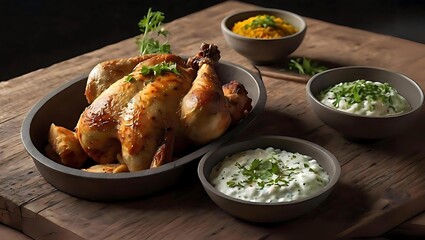 Perfectly roasted whole chicken with citrus and lemon on rustic tray with dark, moody background || AI Generated