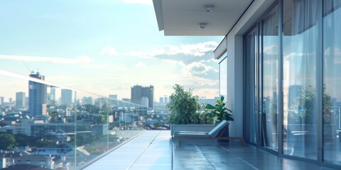 Fototapeta premium Luxurious Modern Apartment Balcony with Panoramic City View: 3D Visualization of High-Rise Urban Living. Elegant Terrace Design Showcasing Contemporary Architecture, Floor-to-Ceiling Windows, and Soph