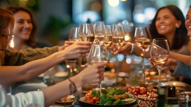 A group of friends are toasting with wine glasses at a dinner party To celebrate the winter holidays, a group of friends and family raised glasses of champagne and red wine.