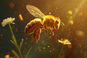 Naklejka premium A hardworking bee collects nectar on a flower. Beekeeping development concept. 